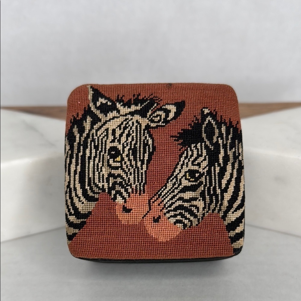 Estate handmade petite point trinket Zebra Patterned box